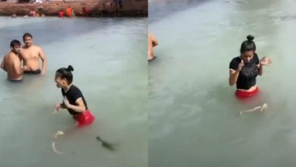हरिद्वार घाटात ती तरुणी करत होती आंघोळ, अचानक असं काही घडलं की ती किंचाळलीच – पाहा VIDEO