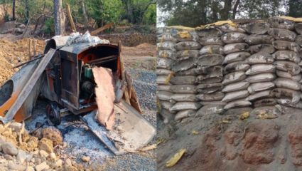 बंद दरम्यान नक्षल्यांद्वारे जाळपोळीचे सत्र, भामरागड तालुक्यात दोन ठिकाणी बांधकामाचे साहित्य आगीच्या भक्षस्थानी