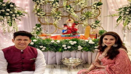 माधुरी दिक्षितच्या घरी बाप्पासाठी पांढऱ्या फुलांची आरास