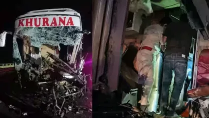 समृद्धी महामार्गावर भीषण अपघात; ट्रक-ट्रॅव्हल्सची जोरदार धडक, ट्रॅव्हल्सच्या पुढच्या भागाचा अक्षरश: चुराडा