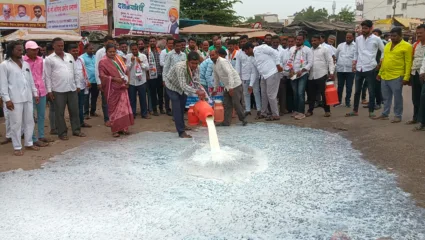 यवत येथे दूधदरवाढीसाठी राष्ट्रवादी युवक काँग्रेसचे आंदोलन ; आंदोलकांनी दूध रस्त्यावर ओतले