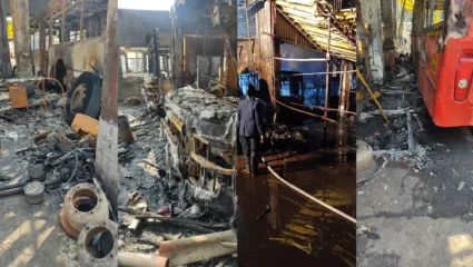 केडीएमटी वर्कशॉपमध्ये लागलेल्या आगीत दोन बस जळून खाक
