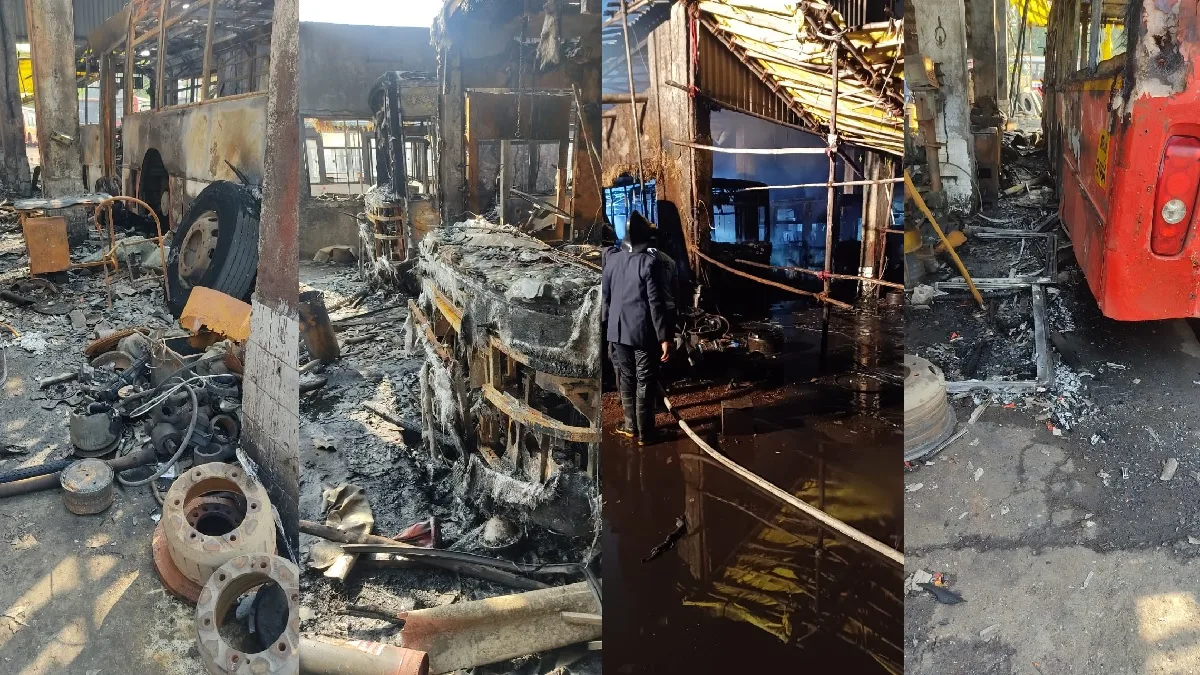 केडीएमटी वर्कशॉपमध्ये लागलेल्या आगीत दोन बस जळून खाक