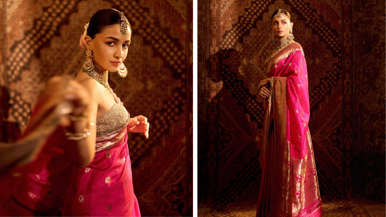 साडीचा पदर खूप सुंदर असा गोल्डन एम्ब्रॉयडरी केलेला आहे. या डिझाईनमध्ये मुघल प्रेरित आकृतिबंध जसे की सुंदर अशी गुलाबी रंगाची फुले बनलेली आहेत. 