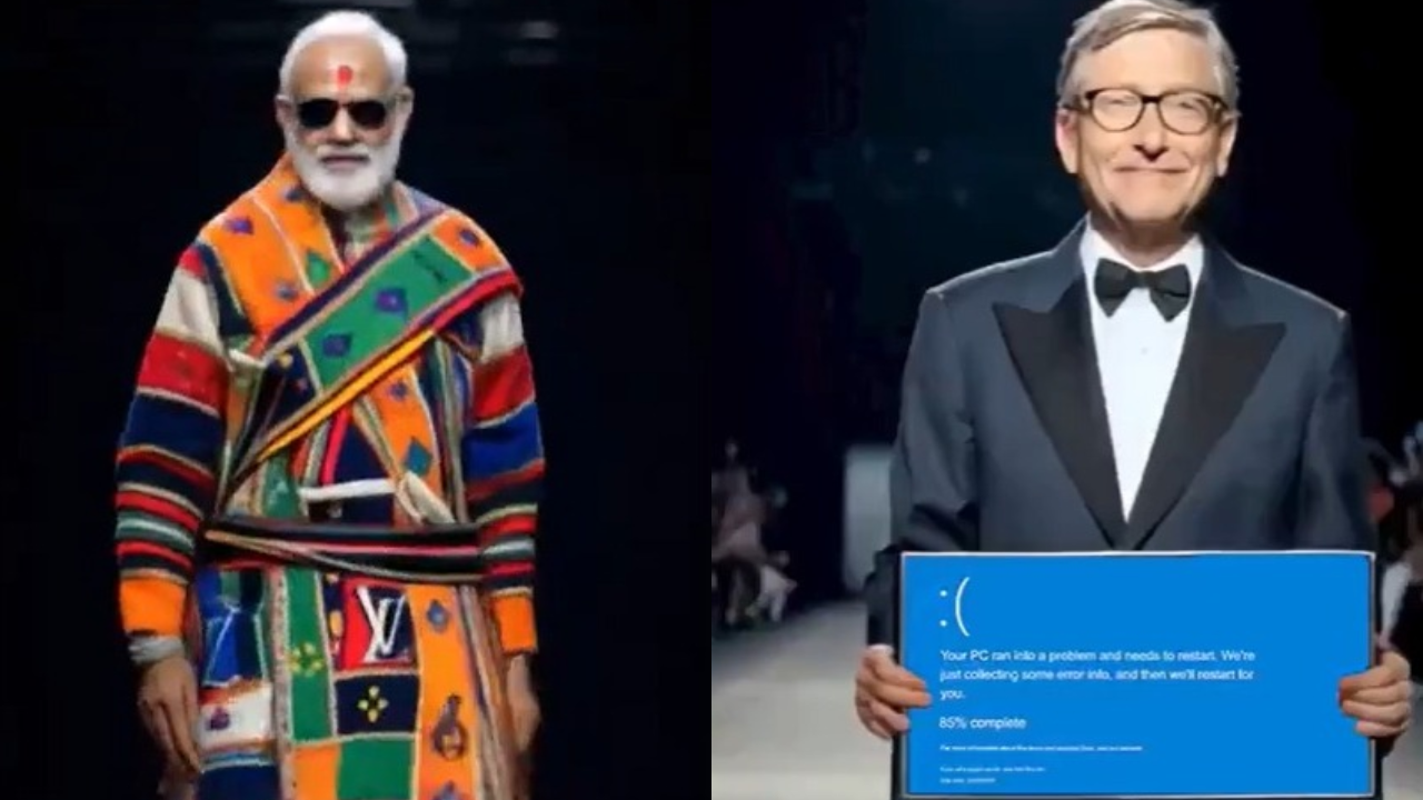 या व्हर्च्युअल व्हिडिओमध्ये भारताचे पंतप्रधान नरेंद्र मोदी यांनी बहुरंगी ड्रेस परिधान केला आहे. त्यांचा पोशाख ईशान्य भारताच्या संस्कृतीचे प्रतिनिधित्व करतो. तर दुसऱ्या फोटोमध्ये मायक्रोसॉफ्टचे मालक बिल गेट्स आहेत. काही दिवसांपूर्वी जगभरात मायक्रोसॉफ्ट क्रॅश झाले होते. तेव्हा प्रत्येकाच्या लॅपटॉपवर जी निळ्या रंगाची स्क्रीन दिसत होती. ती बिल गेट्सच्या हातात आहे. 