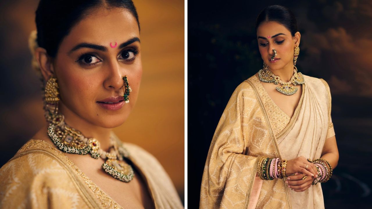 जेनीलियाने पांढऱ्या हिमरु साडीवरील लुक पूर्णकरण्यासाठी जाड आयलायनर, गुलाबी ब्लुश, मस्कारा आणि गुलाबी लिपस्टिक या सामग्रीचा वापर करून मेकअप केला आहे. तसेच यासह तिने गळ्यात मोत्यांचा हार आणि झुम्मके घातले आहेत. 