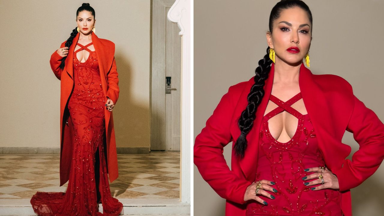 या ड्रेस वरून मेकअपसह तिने लांबलचक गाउनवर गोल्डन दागिने घातलेले दिसत आहे, सनीने कानात गोल्डन इरिंग्स तसेच हातातील प्रत्येक बोटामध्ये तिने गोल्डन आंगठ्या घातल्या आहेत. या बारीबारीक गोष्टीसुद्धा तिच्या लुकसाठी प्रभावी करत आहेत. 