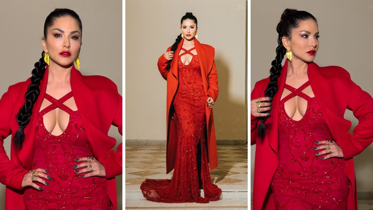 लाल ड्रेस आणि ब्लेजरमध्ये सनीचा क्लासी लुक, फोटो होतायत व्हायरल!