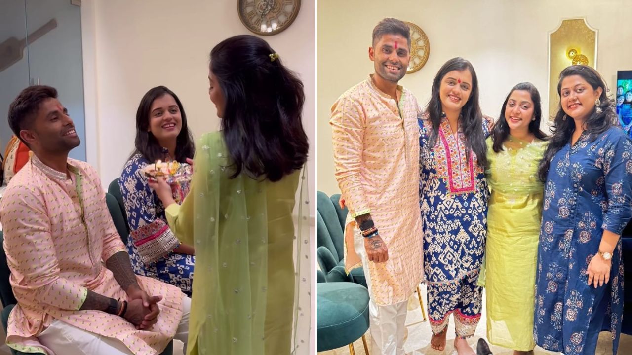 भारताचा स्फोटक फलंदाज सूर्यकुमार यादवने सोशल मीडियावर रक्षाबंधनचा एक व्हिडीओ शेअर केला आहे यामध्ये तो आणि त्याची बहीण गाणे गात राखी बांधताना दिसत आहेत. (फोटो सौजन्य - सोशल मीडिया)
