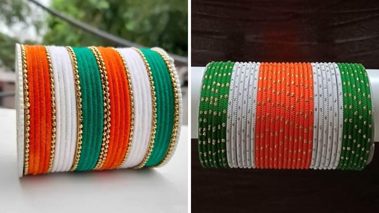 पांढऱ्या रंगाच्या साडीवर जर तुम्ही तिरंग्याच्या बांगड्या घालून तुम्ही एथनिक लूक करू शकता. तिरंग्याच्या बांगड्या बाजारात सहज उपलब्ध होतात. 