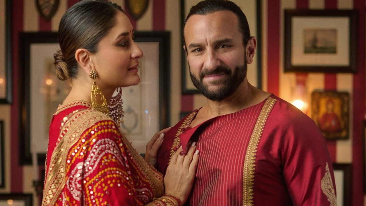 लाल रंगाच्या या ड्रेसमध्ये गोल्डन भरतकाम समाविष्ट होते. करिनाचा हा लुक गणेशोत्सव सणासाठी परफेक्ट लुक असल्याचे दिसून येत आहे, तर सैफनेदेखील तिला मॅचिंग असा धोतर कुरता घातला आहे