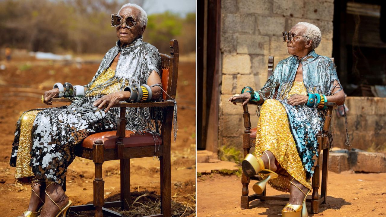 या फोटोमध्ये तुम्ही पाहू शकता की, वृद्ध महिलेने सोनेरी चमकदार ड्रेस, सिक्विन आणि फ्रिंजने सजवलेले जाकीट, उंच टाच आणि चष्मा घातला आहे. मार्गारेट या ग्लॅम लुकमध्ये सुपर कूल व्हाईब्स देत आहे