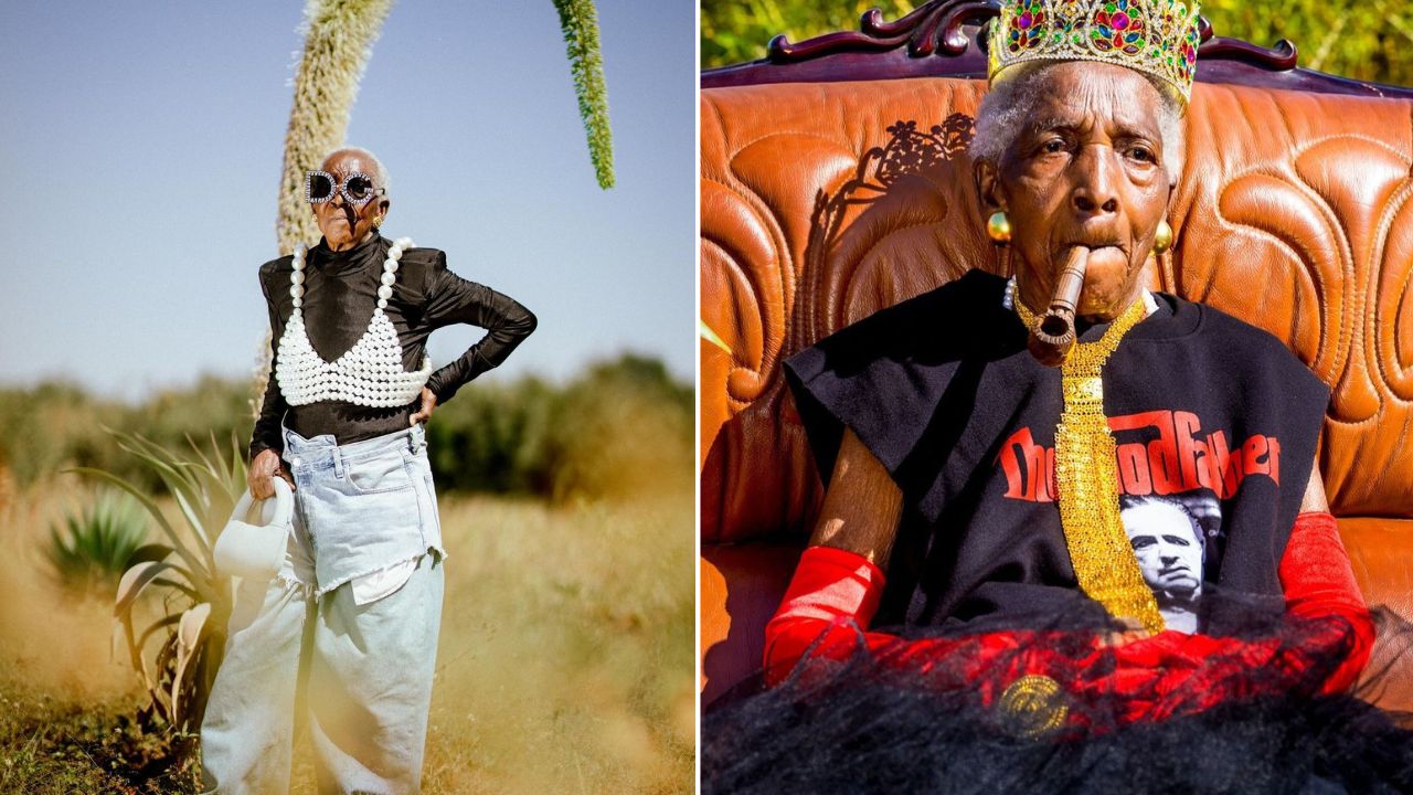 पहिल्या फोटोमध्ये बॅगी पँट, पर्ल ब्रॅलेट, लेदर रॅप्ड ड्रेस आणि ओटीटी फॅक्टर असलेले ॲक्सेसरीज, तर दुसऱ्या फोटोमध्ये डोक्यावर मुकुट, हातात तंबाखूची पाईप, गळ्यात साखळी, असा लुक तुम्ही पाहू शकता.