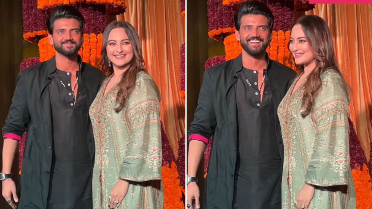 नवविवाहित जोडपं अभिनेत्री सोनाक्षी सिन्हा आणि झहीर इक्बाल दोघांनीही रमेश तौरानीच्या दिवाळी पार्टीला हजेरी लावली होती. फोटो सौजन्य - पिंकविला सोशल मीडिया 