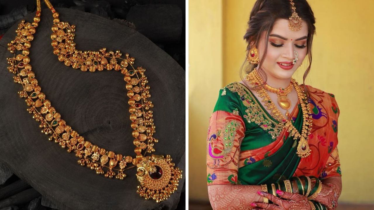 पारंपरिक दागिना म्हणून ओळख असलेला कोल्हापुरी साज सर्वच महिलांना खूप आवडतो. हा दागिना गळ्यात घातल्यानंतर गळा खूप जास्त भरलेला आणि सुंदर दिसतो. पैठणी साडीवर कोल्हापुरी साज तुम्ही परिधान करू शकता.