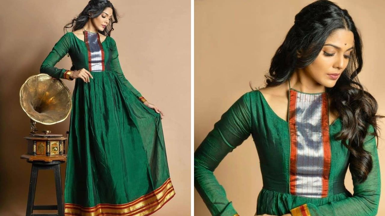 तुम्हाला जर सणवारांसाठो खणाच्या साडीचा ड्रेस शिवून घ्याचा असेल तर या पद्धतीचा ड्रेस तुमच्यासाठी उत्तम पर्याय आहे. या ड्रेसला शॉर्ट स्ट्रिप्स आहेत. 