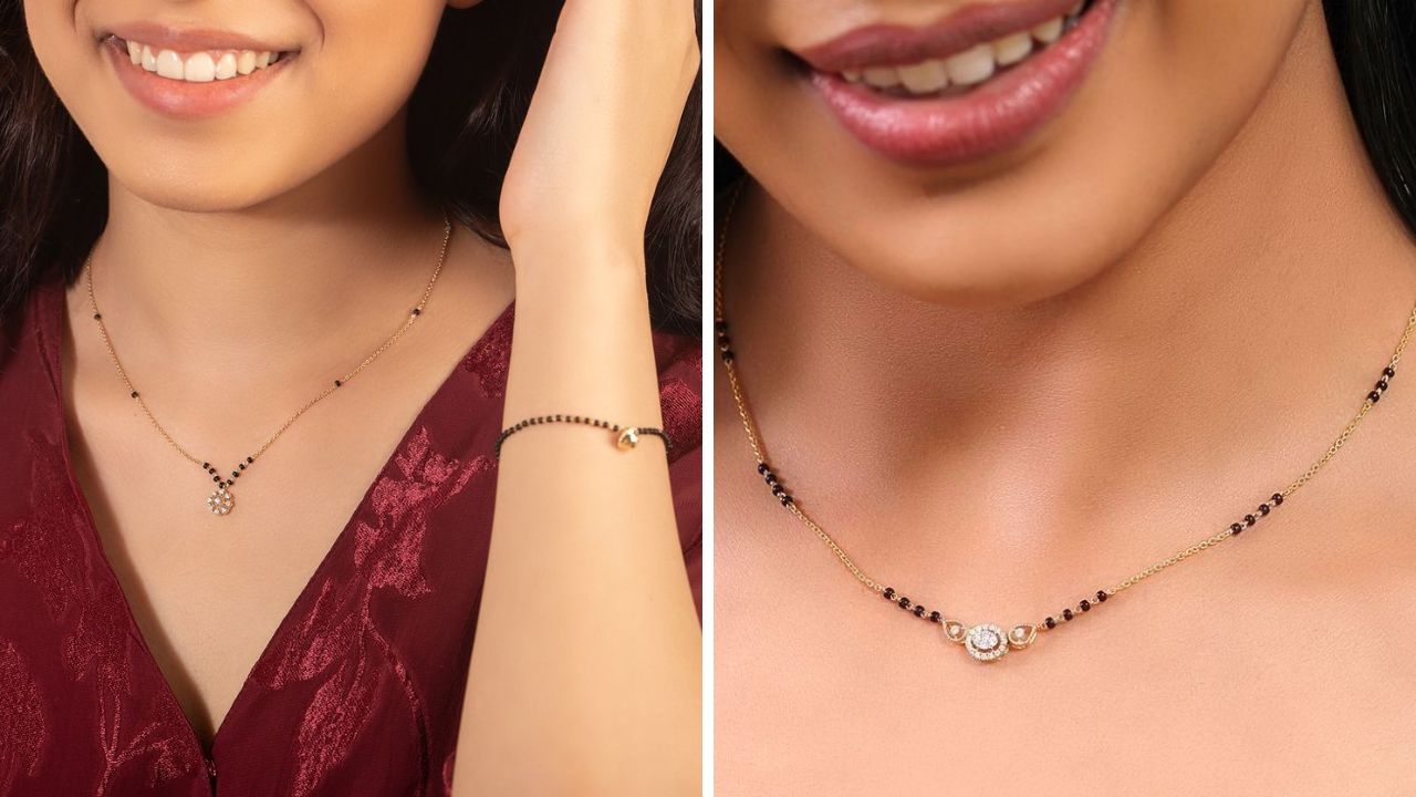 कॉटनची साडी नेसल्यानंतर तुम्ही या डिझाईनचे सुंदर मंगळसूत्र घालू शकता. कॉटनच्या साडीवर छोट्या आकाराचे डायमंड मंगळसूत्र खूप सुंदर दिसतात. 