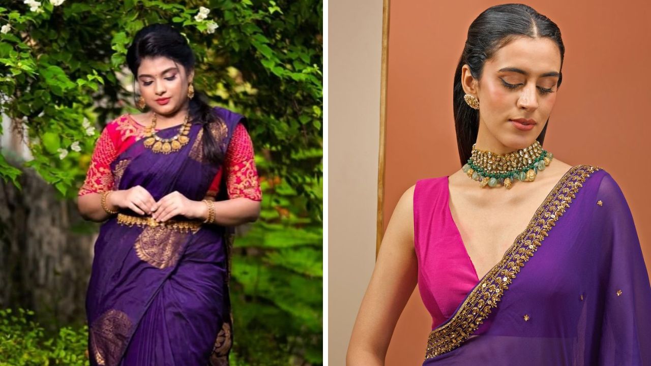 गुलाबी रंगाचा ब्लॉऊज सगळ्याच साड्यांवर खूप सुंदर दिसतो. त्यामुळे जांभळ्या रंगाच्या कोणत्याही शेड्सवर गुलाबी रंगाचा ब्लॉऊज घालू शकता. 
