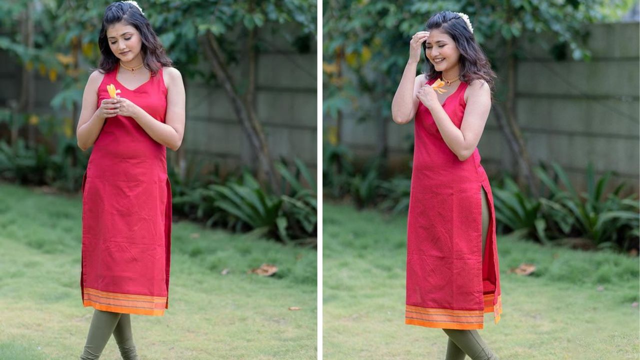 ज्या महिलांना नेहमी कुर्ती किंवा ड्रेस घालायला आवडतात, त्यांच्यासाठी ही डिझाईन अगदी बेस्ट आहे. खणाच्या साडीमध्ये डार्क रंग खूप उठावदार दिसतात. 