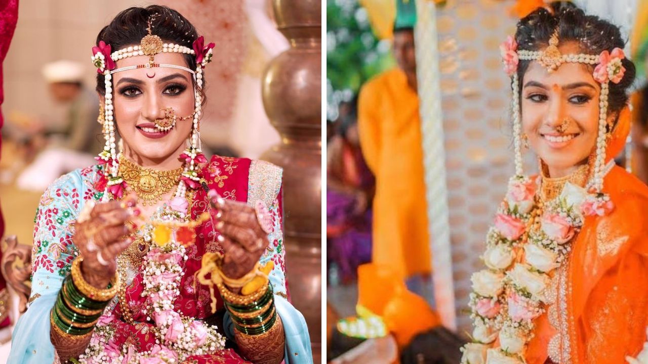 फुलांपासून बनवलेल्या मुंडावळ्या तुम्हाला जर आवडत असतील तर तुम्ही या डिझाईनच्या मुंडावळ्या तयार करून घेऊ शकता. यामुळे तुमचा लुक इतर नवरींच्या लुकपेक्षा थोडा वेगळा आणि उठावदार दिसेल. 