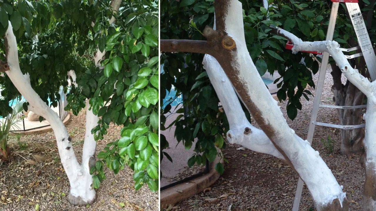 साधारणपणे फळझाडे पांढरे रंगवले जातात. जसे आंबा, सफरचंद, पेरू इ. याशिवाय शोभेच्या झाडांनाही पांढरा रंग दिला आहे.