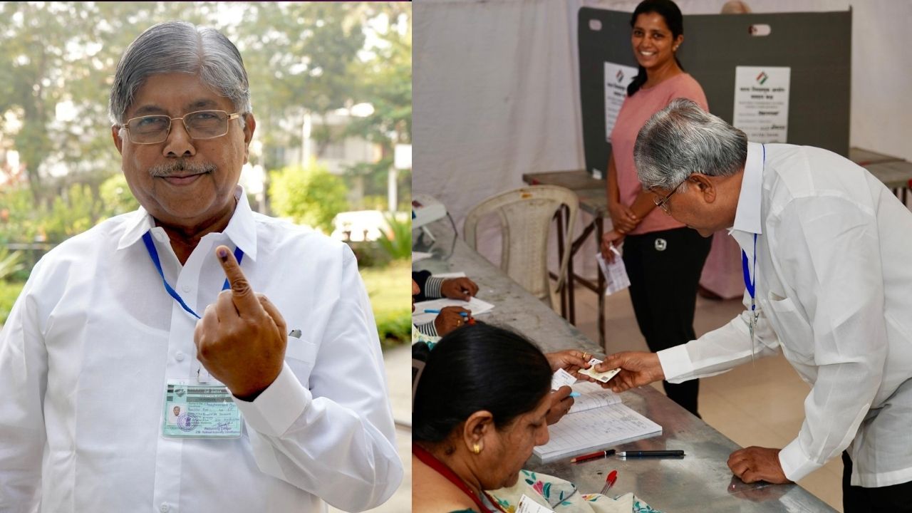 सार्वत्रिक विधानसभा निवडणुकीच्या पार्श्वभूमीवर चंद्रकांत पाटील यांनी कोथरुडमधील मतदान केंद्रावर मतदानाचा हक्क बजावला.