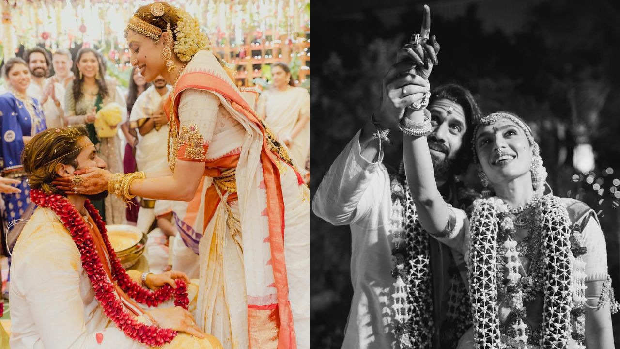 नागा चैतन्य आणि सोभिताने ४ डिसेंबर रोजी लग्नगाठ बांधल्यानंतर पहिल्यांदाच आयुष्यातल्या आनंदाच्या क्षणाचे फोटो सोशल मीडियावर शेअर केले आहेत. यावेळी दोघांनीही लग्नामध्ये दाक्षिणात्य लूक परिधान करत सर्वांचेच लक्ष वेधलेय.