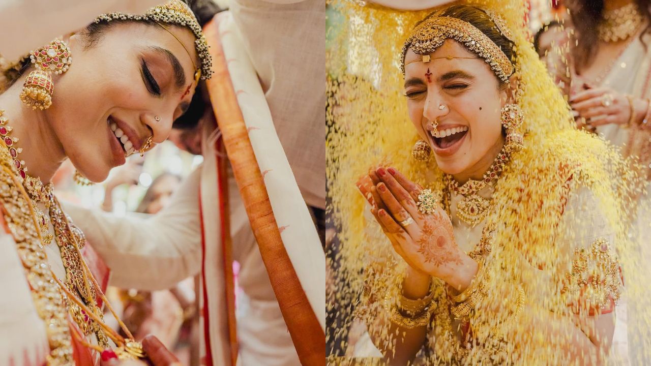सोभिताने आयुष्यातल्या या खास सोहळ्यासाठी लाल-पांढऱ्या रंगाची साडी नेसली होती. अभिनेत्रीच्या साडीवर सोनेरी रंगाचे नक्षीकाम केलेले दिसत आहे. या पारंपारिक साडीत अभिनेत्री पारंपरिक सोन्याच्या दागिन्यांनी मढलेली होती. शिवाय तिने लग्नातील इतर विधींसाठी सोनेरी रंगाची साडीही नेसली आहे.