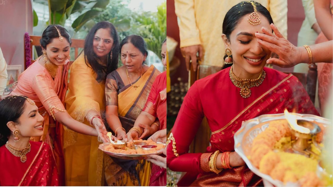 शेअर केलेल्या फोटोंमध्ये सोभिताने बिंदी, नेकलेस, कानातले झुमके, बाजुबंद आणि बांगड्या असा श्रृंगार करत आपल्या सौंदर्याची शोभा वाढवली आहे. या विधी दरम्यान अभिनेत्रीला हळदही लावण्यात आली होती. विधी दरम्यान घरातल्या महिलांकडून तिचे औक्षणही करण्यात आले.