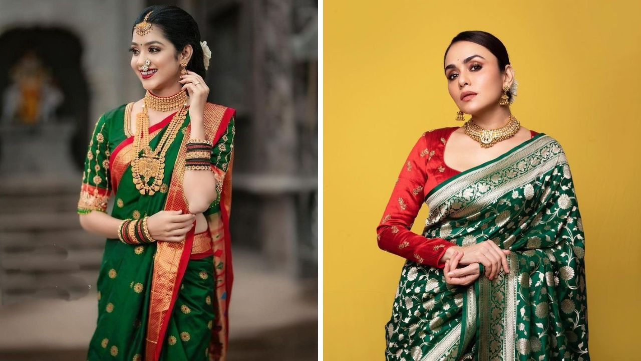 हिरव्या  रंगाच्या साडीवर तुम्ही लाल रंगाची किंवा न्यूड शेड्समध्ये असलेल्या लिपस्टिक लावू शकता.   