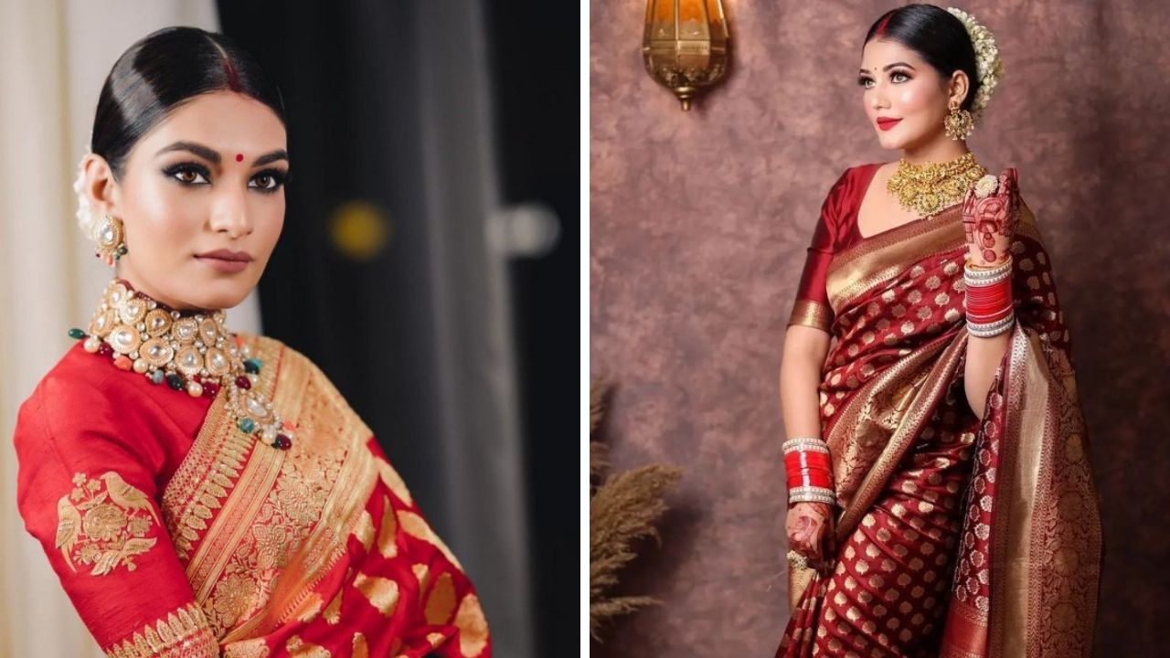 लाल रंगाच्या कॉटन, डिझाईनर साडीवर तुम्ही क्लासिक रेड, ब्रिक रेड किंवा चेरी रेड, डार्क  रेड रंगाची लिपस्टिक लावू शकता. हे सर्व लिपस्टिकचे रंग लाल रंगावर अतिशय सुंदर दिसतात. 