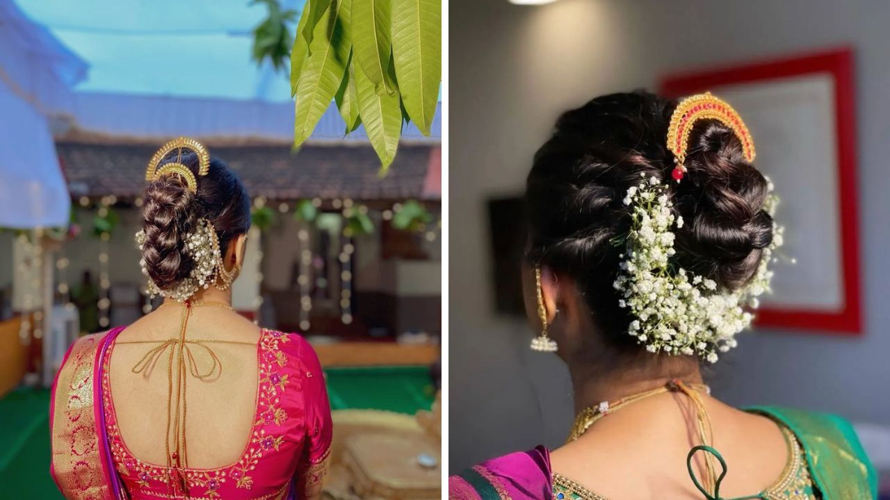 लग्नामध्ये नऊवारी साडी नेसल्यानंतर तुम्ही खोपा हेअर स्टाईल करू शकता. खोपा बांधल्यानंतर त्यावर तुम्ही चाफा किंवा गुलाबाच्या पाकळ्या लावून हेअर स्टाईल करू शकता.