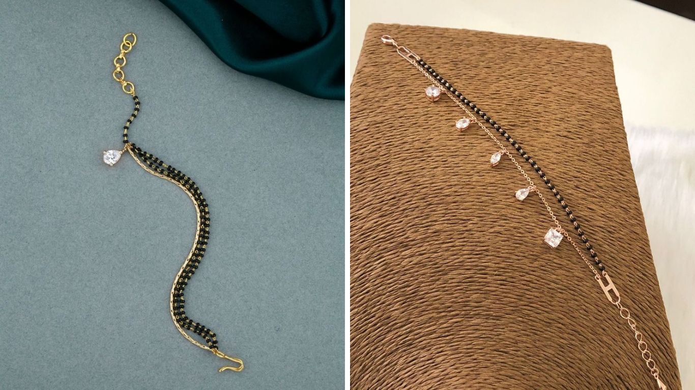 मंगळसूत्रामधील काळे मणी आणि चैनीचे या पद्धतीचे मंगळसूत्र ब्रेसलेट हातामध्ये खूप सुंदर दिसते. हे ब्रेसलेट कोणत्याही कपड्यांवर सूट होईल. 