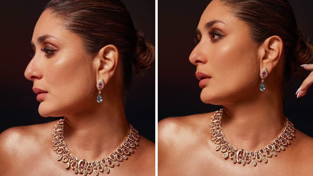 करिनाने गळ्यात Bvlgari कट वर्क डायमंड्सचा नेकलेस घातला असून यासह मॅचिंग असणारे कानातले घातले आहेत आणि या क्लासी हिऱ्यांच्या दागिन्यांनी तिच्या सौंदर्यात भर घातली असल्याचे दिसून येत आहे