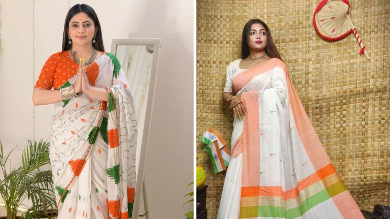 नारंगी, सफेद आणि हिरव्या रंगाचे कॉम्बिनेशन असलेली साडी प्रजासत्ताक दिनाच्या दिवशी नेसण्यासाठी अतिशय उत्तम पर्याय आहे. ही साडी कॉटन किंवा शिफॉन फॅब्रिकमध्ये तुम्ही घेऊ शकता.  