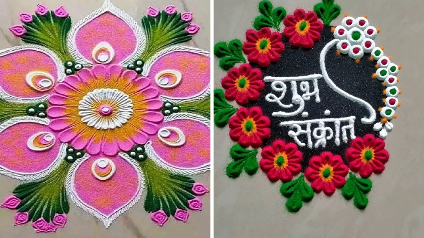 फुलांची रांगोळी अंगणात खूप सुंदर दिसते. त्यामुळे वेगवेगळ्या रंगाचा वापर करून तुम्ही या डिझाइन्सची रांगोळी काढू शकता. 