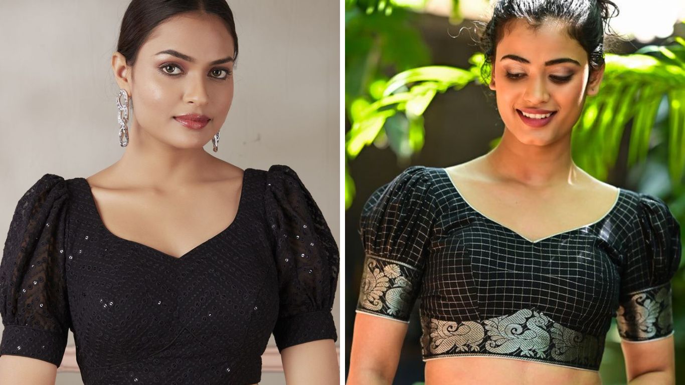 संक्रांतीला काळ्या रंगाची साडी खरेदी केल्यानंतर तुम्ही साडीला मॅच होईल असा स्लिव्हज, नेटचे स्लिव्हज, फुग्यांचे हात असलेला ब्लॉउज शिवू शकता. शिवाय डिझाईनप्रमाणे गळ्याला तुम्ही पानांचा आकार देऊ शकता. 