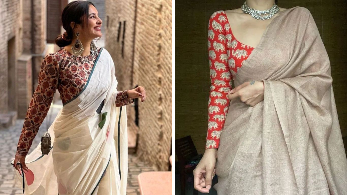 कॉटन च्या साडीवर तुम्ही लांब हाताचे सुंदर ब्लाऊज शिवून किंवा विकत घेऊ शकता. लांब हाताचे ब्लाऊज कॉटनच्या साडीवर स्टयलिश लुक देतात.मात्र कॉटनच्या साडीवर दंडामध्ये सैल असलेले ब्लाऊज अजिबात सुंदर दिसत नाहीत. 