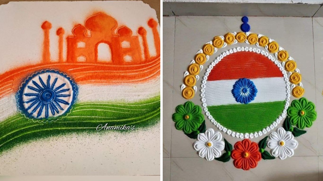 गोलाकार आकाराची डिझाईन काढून त्यात तुम्ही भारताचा तिरंगा किंवा कोणताही गरजेचं संदेश लिहू शकता. रंगोली काढताना प्रामुख्याने हिरव्या, पंधरा आणि नारंगजी या रंगाचा ब्लॉऊज वापरू शकता. 
