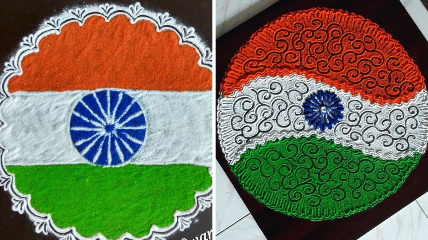 नारंगी, पांढरा आणि हिरव्या रंगाच्या मध्यम आकाराच्या पट्या काढून त्यात तुम्ही अशोकचक्र किंवा इतर कोणत्याही डिझाइन्स काढू शकता. 