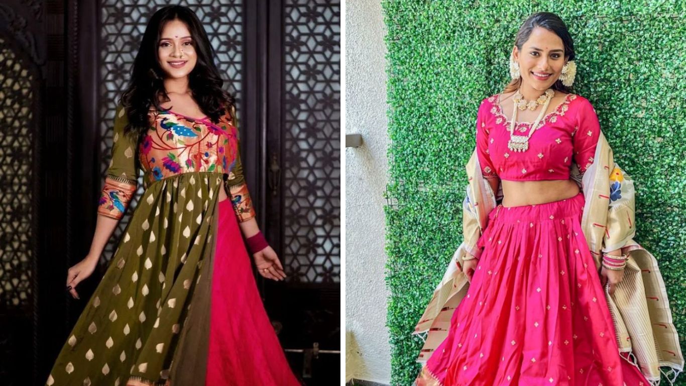 साड्यांचा वापर करून तुम्ही पारंपारीक फ्रॉक, पंजाबी ड्रेस, कुर्ते किंवा दुपट्टे शिवू शकता. यामुळे महागातील साड्या वाया जाणार नाहीत. पैठणी साडीपासून तुम्ही या पद्धतीचा फुल हात असलेला सुंदर अनारकली शिवून घेऊ शकता.