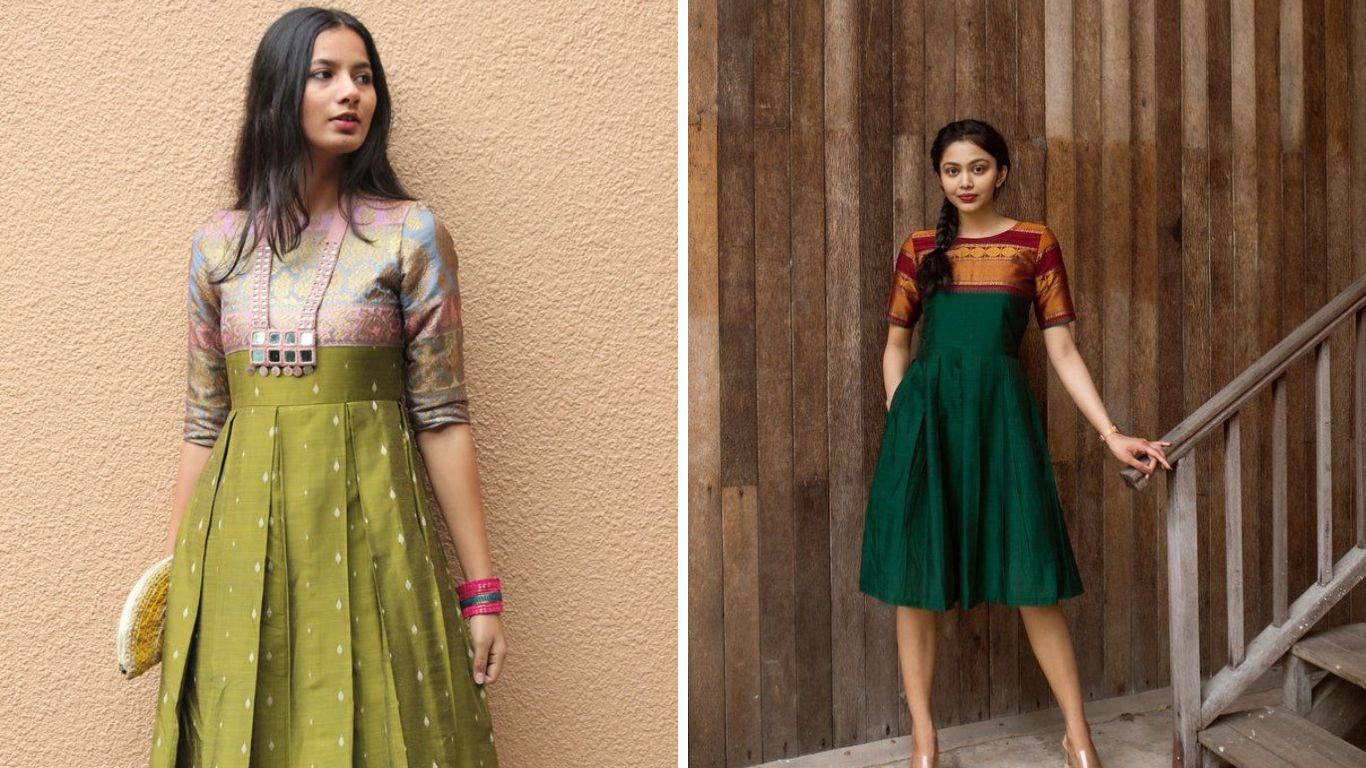 काठपदरच्या किंवा बनारसी साडीपासून तुम्ही या पद्धतीचे सुंदर वनपीस शिवून घेऊ शकता. हे वनपीस तुम्ही सणावाराच्या दिवशी घालू शकता.