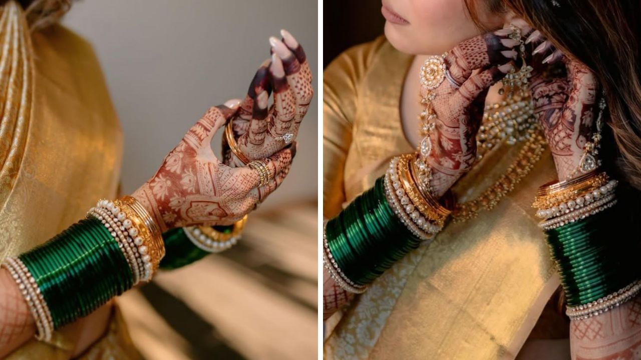 हल्ली बाजारात कडा पर्ल बांगडी उपलब्ध झाली आहे. त्यामुळे तुम्ही एक सिंगल बांगडी साडीवर परिधान करू शकता. हा कडा हिरव्या बांगड्यांच्या मागे पुढे घालता येईल.