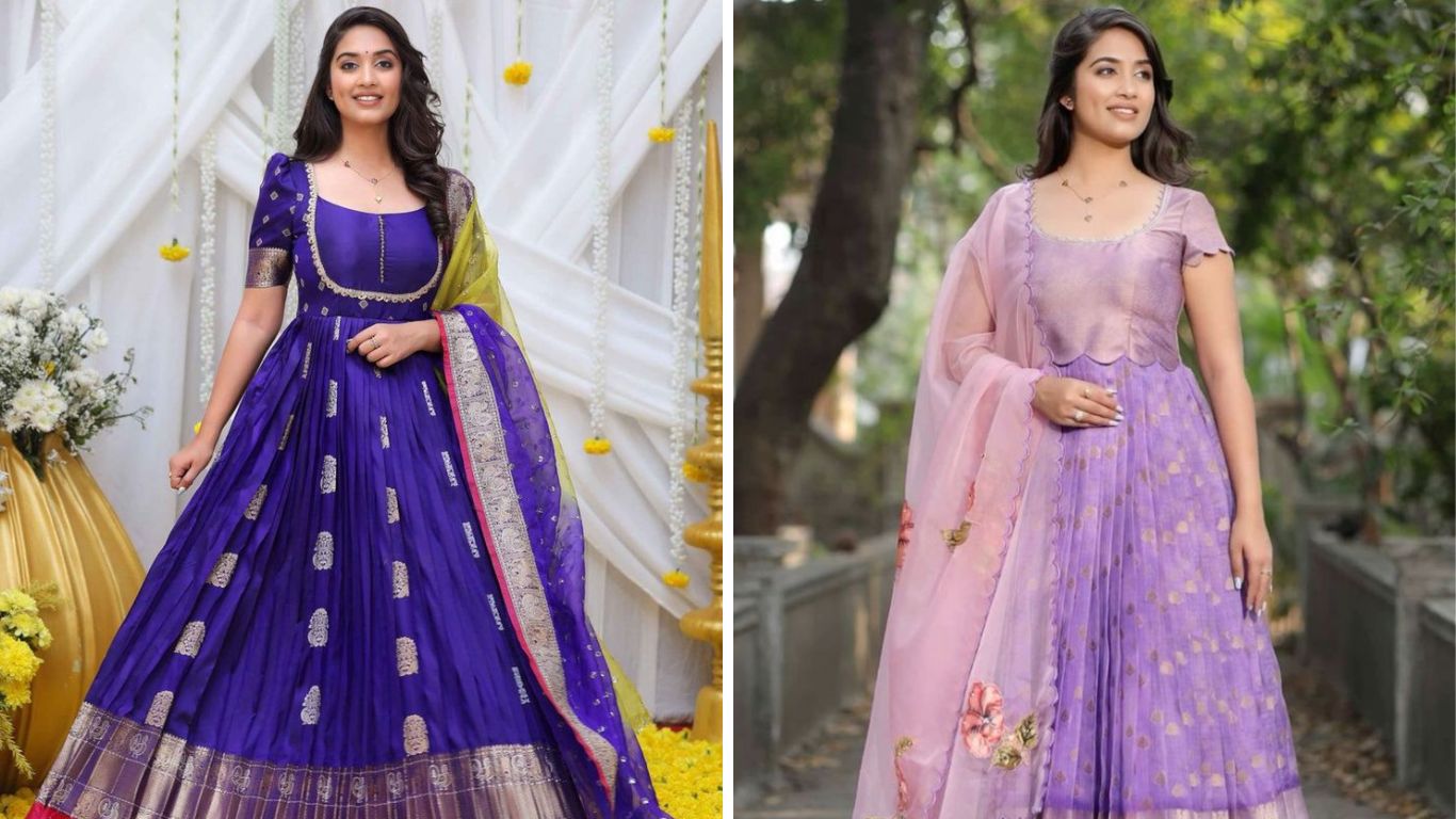 साडीपासून शिवलेले अनारकली ड्रेस अतिशय सुंदर दिसतात. त्यावर तुम्ही साडीच्या काठाला मॅच होईल अशी ओढणीसुद्धा शिवून घेऊ शकता.