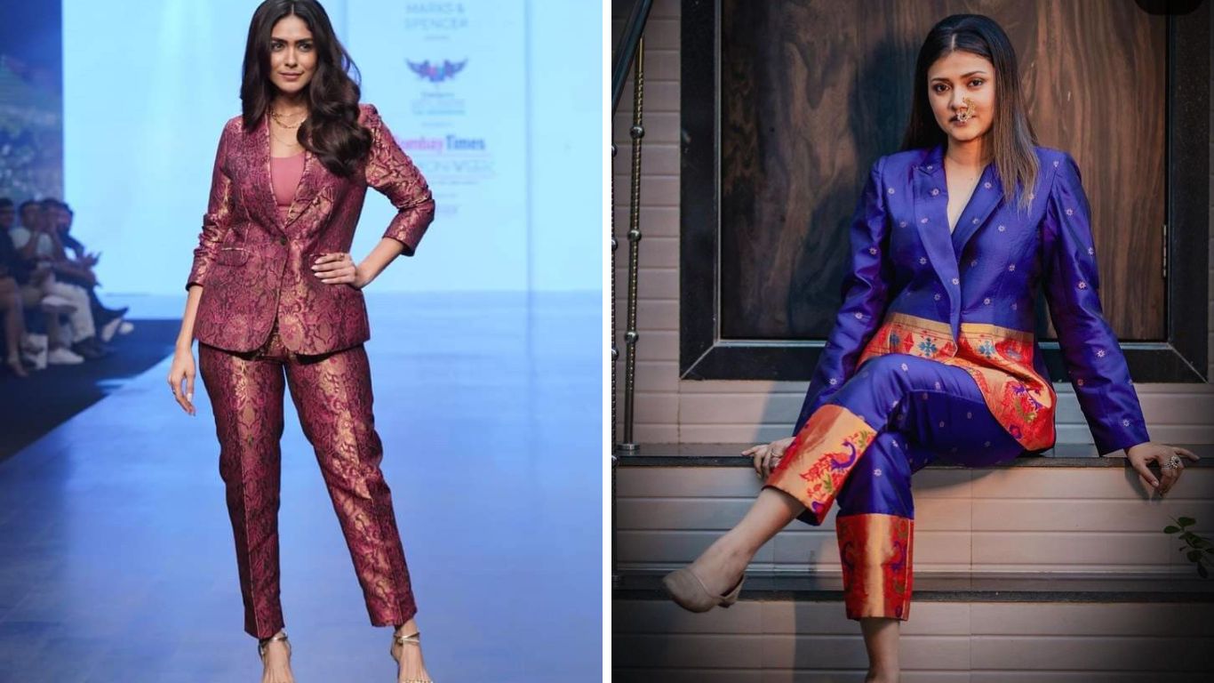 पैठणी किंवा बनारसी साडीपासून तुम्ही या पद्धतीचा स्टयलिश ड्रेस शिवून घेऊ शकता. ब्लेझर आणि पँट अतिशय सुंदर लुक देईल.