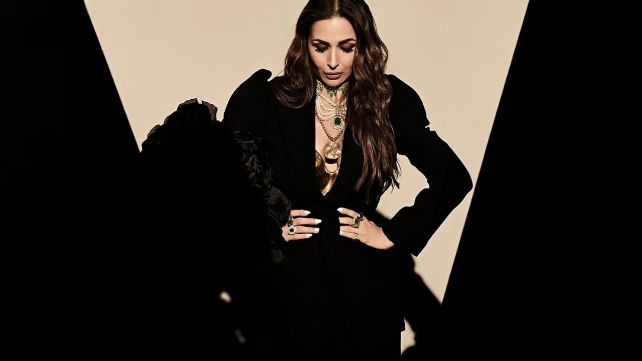 ब्राऊन शेडच्या केसांना वेव्ही लुक देत मलायकाने या संपूर्ण ब्लॅक ड्रेससह परफेक्ट मॅच केले आहे. तिच्या ब्लेझरमध्ये पॅडेड स्लीव्हजदेखील लावण्यात आले आहेत ज्याच्या एका स्लीव्हमध्ये काळ्या गुलाबाचे मोठे डिझाईन करण्यात आले आहे