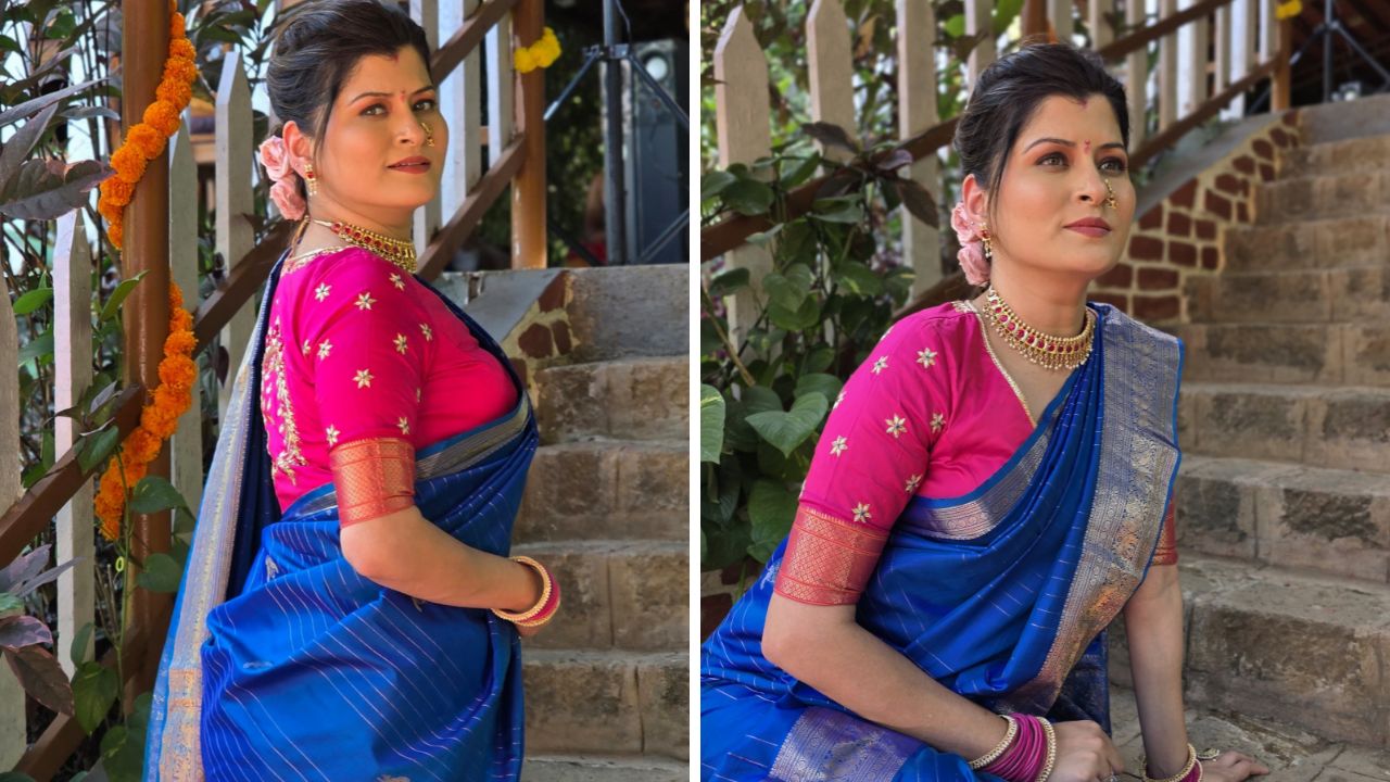 सावनीने निळ्या रंगाची कांजीवरम साडी नेसली असून त्यासह गुलाबी रंगाचा ब्लाऊज मिसमॅच केलाय, ज्यामुळे तिच्या फॅशन सेन्सची सर्वांनाच कल्पना येतेय 