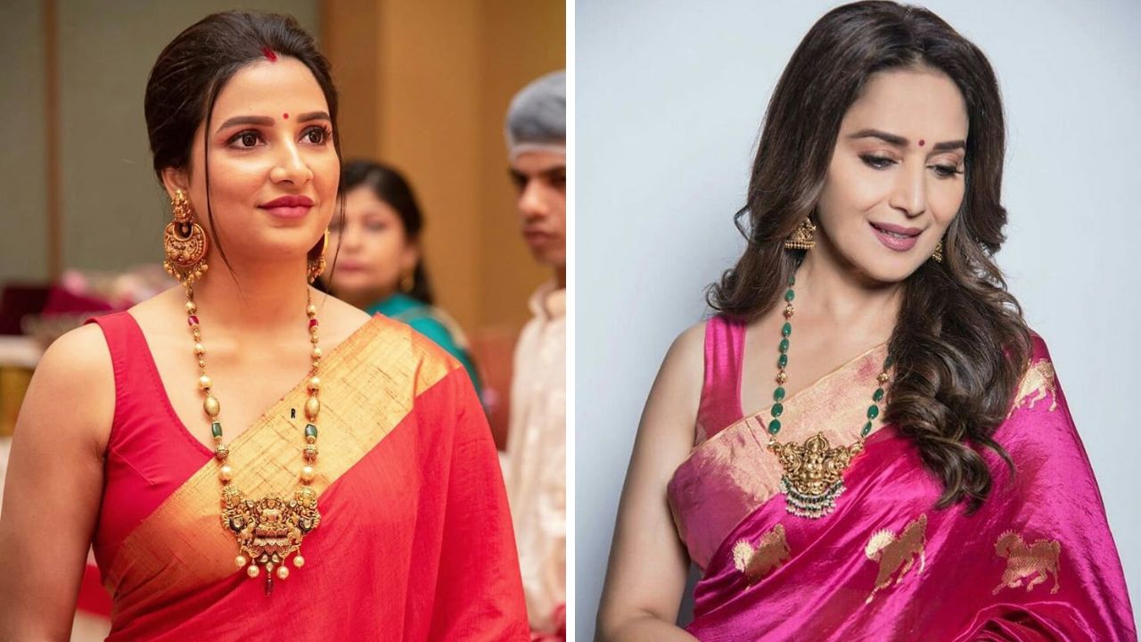 कॉटन किंवा सिल्कची साडी नेसल्यानंतर तुम्ही या डिझाइन्सचा सुंदर नेकलेस घालू शकता. टेम्पल दागिन्यांमध्ये देवीची रूप घडवली जातात.  