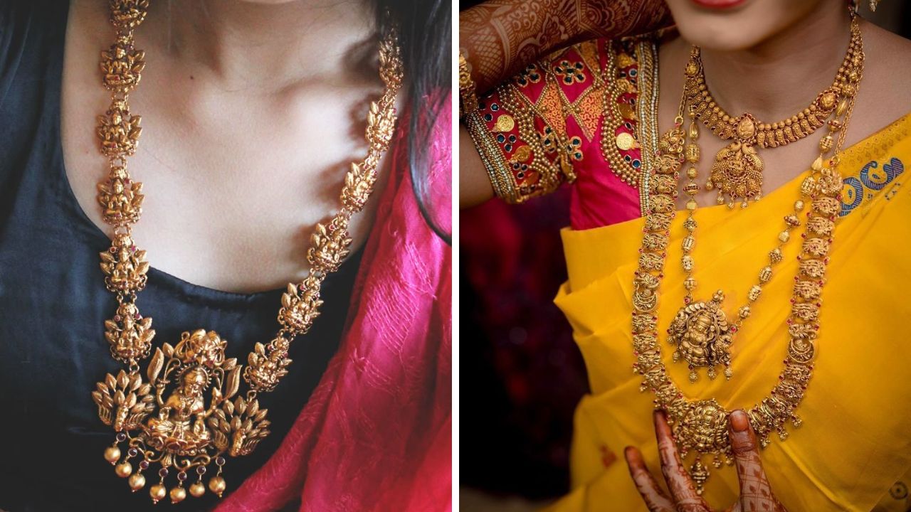 तुमचे सौंदर्य अधिक खुलून दिसण्यासाठी तुम्ही लग्नात या डिझाइन्सचे सुंदर दागिने घालू शकता. यामध्ये छोट्या छोट्या आकाराची देवीची किंवा सरस्वतीची रूप घडवली जातात. 