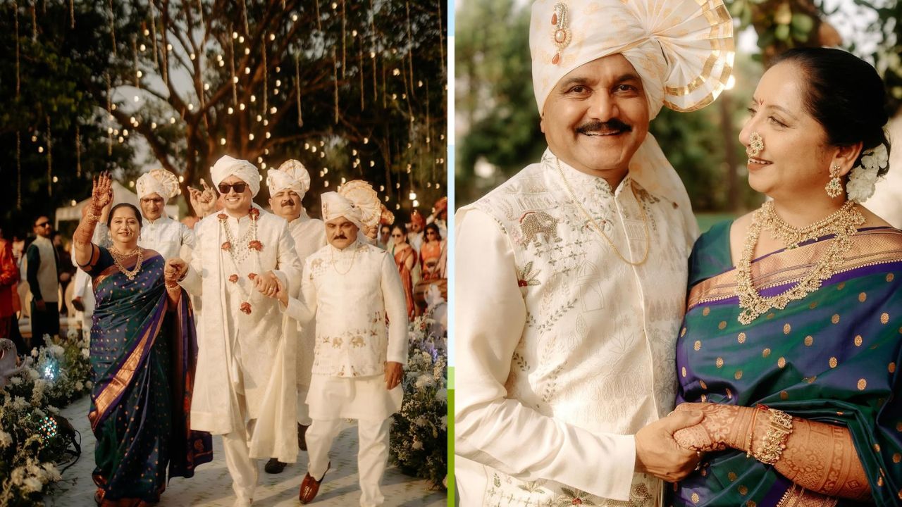 निळ्या रंगाच्या साडीवर त्यांनी मोत्याचे सुंदर दागिने परिधान केले आहेत. मोत्याचे दागिने पैठणी साडीवर अतिशय खुलून दिसतात. मोती आणि पाचूंनी सजवलेल्या दोन थरांची रचना असलेला हार त्यांच्यावर अतिशय सुंदर दिसत आहे. 
